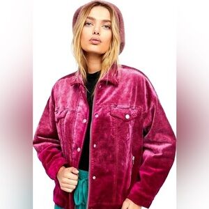 Free People Bomber Trucker Jacket Velvet Magenta Oversized XS